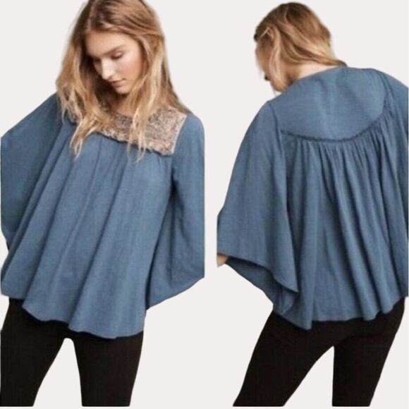 Deletta Anthropologie Josephine Boho Bead Embellished Peasant Blouse Top Blue S - Picture 1 of 8
